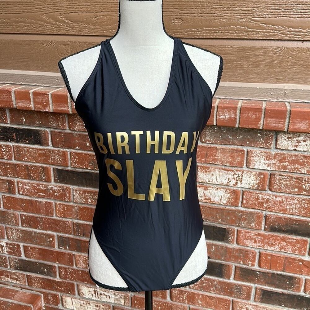 Birthday Slay Women's Large Black & Gold One Piece Swimsuit Criss Cross Back